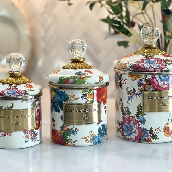 MacKenzie-Childs Beloved White Flower Market Canister Set- NEW- SHIPS FREE - Picture 1 of 14